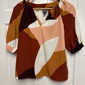 Worthington Geometric Blouse in Brown, Pink, and White